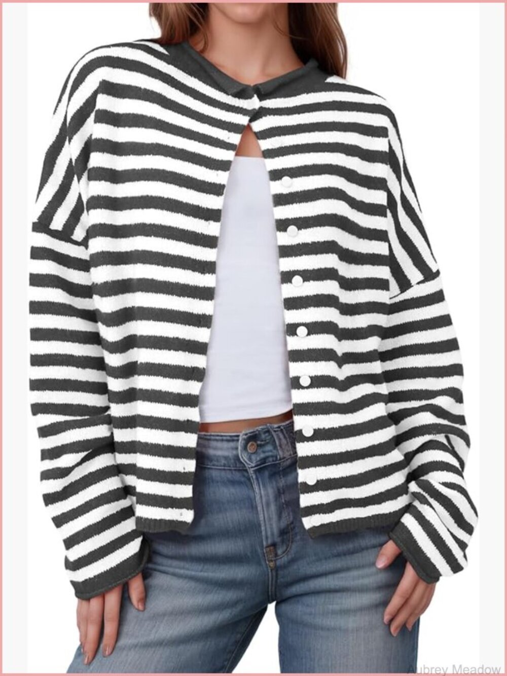 Striped Cardigan Long Sleeve Open Front Button Down Loose Knit Lightweight Fall